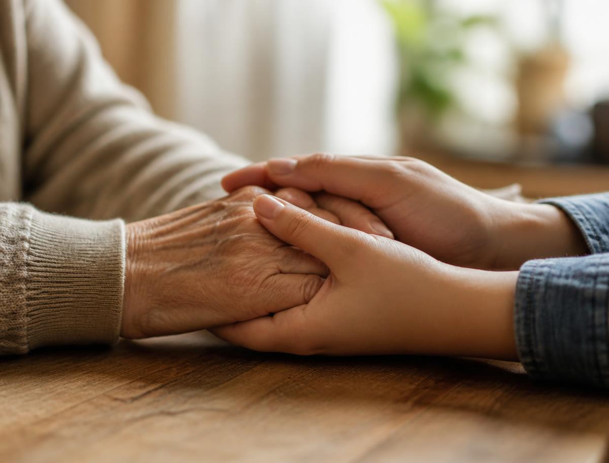 Duas pessoas de mãos dadas sobre uma mesa de madeira, representando apoio familiar